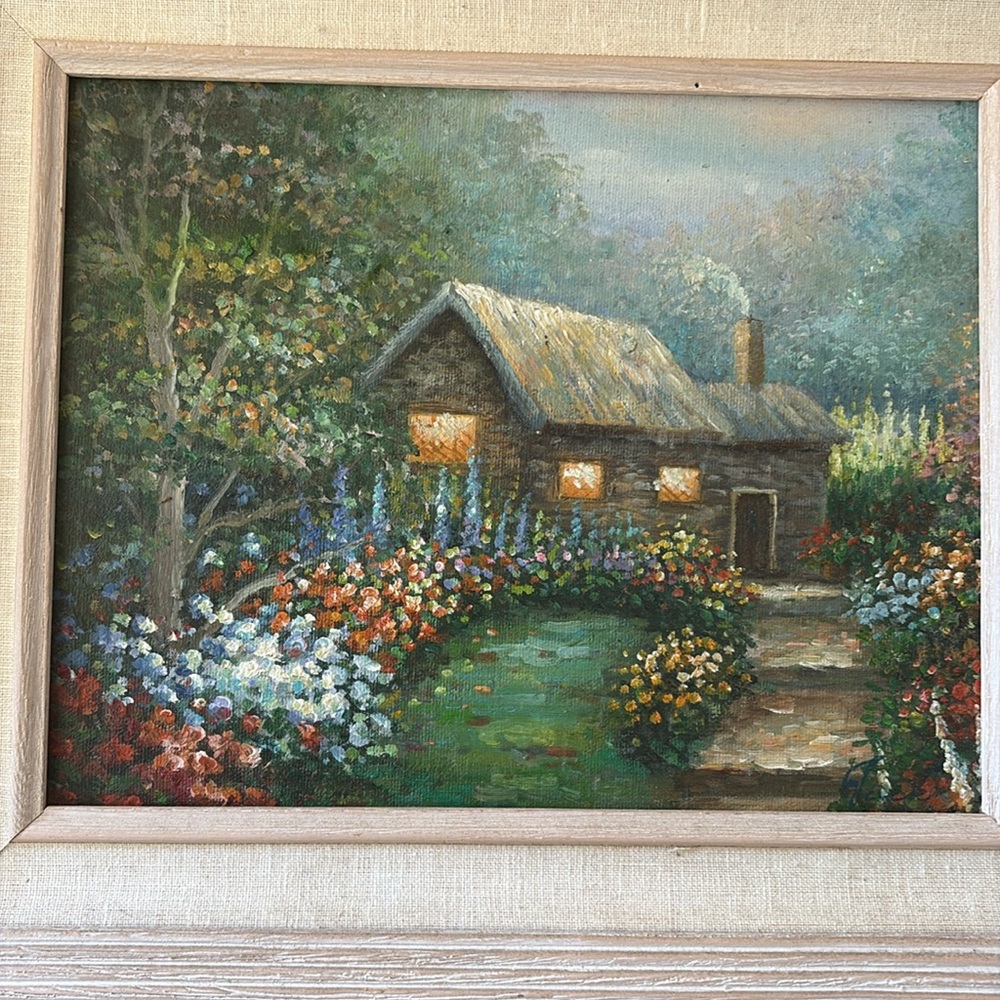 Original oil painting cottagecore cabin and flowes - Picture 3 of 8